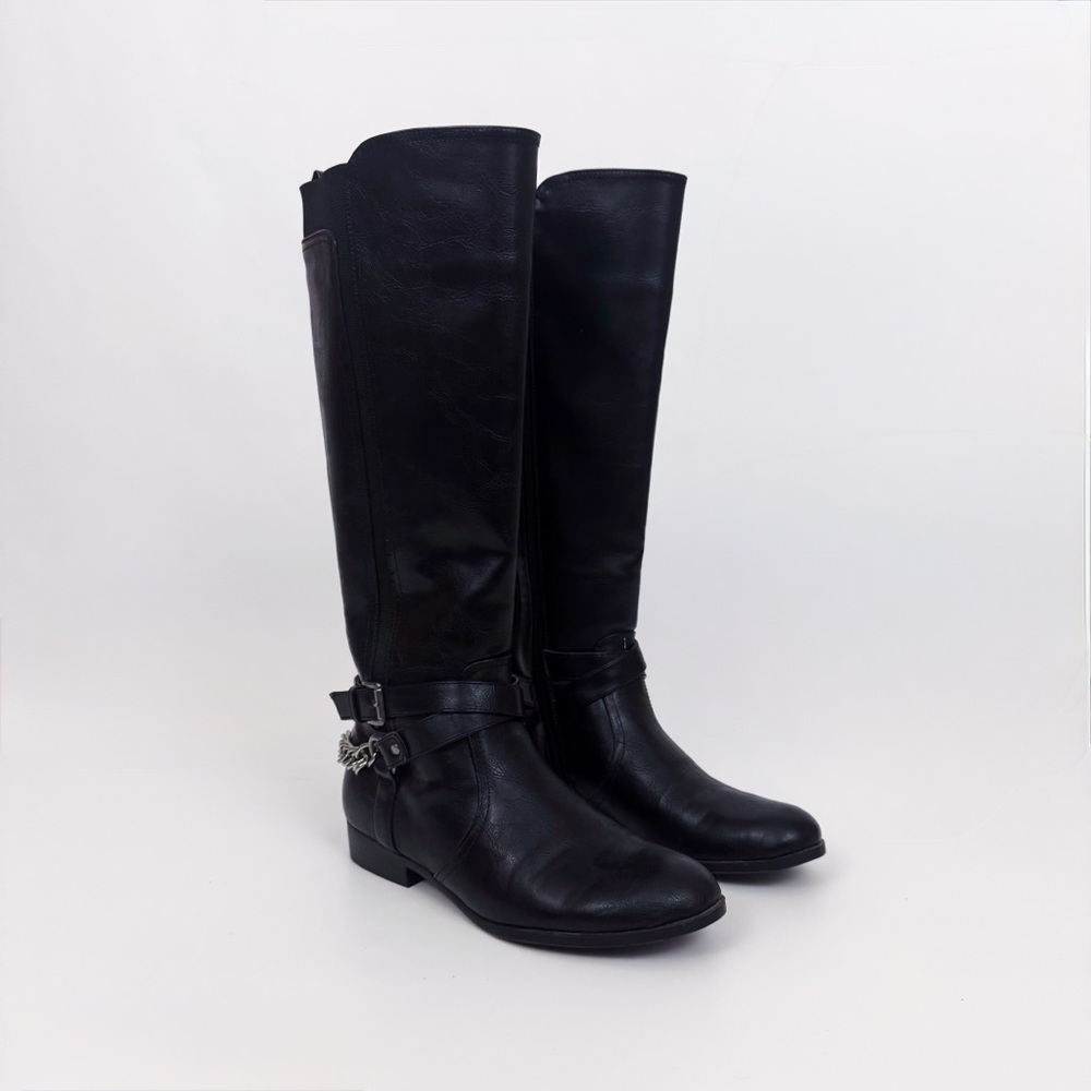 NWOT UNISA Faux Leather Knee-High Riding Boots with Back Chain in Black Size 8M